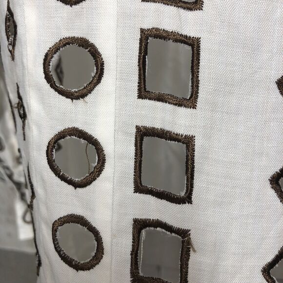 La Rea Collection White Brown Shoulders Pads Shirt Womens top 100% Linen XLarge - Picture 5 of 12